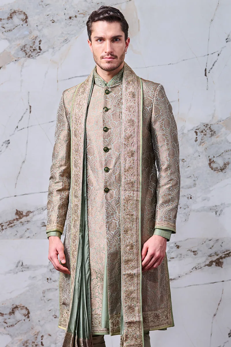 Green All Over Textured Brocade Sherwani