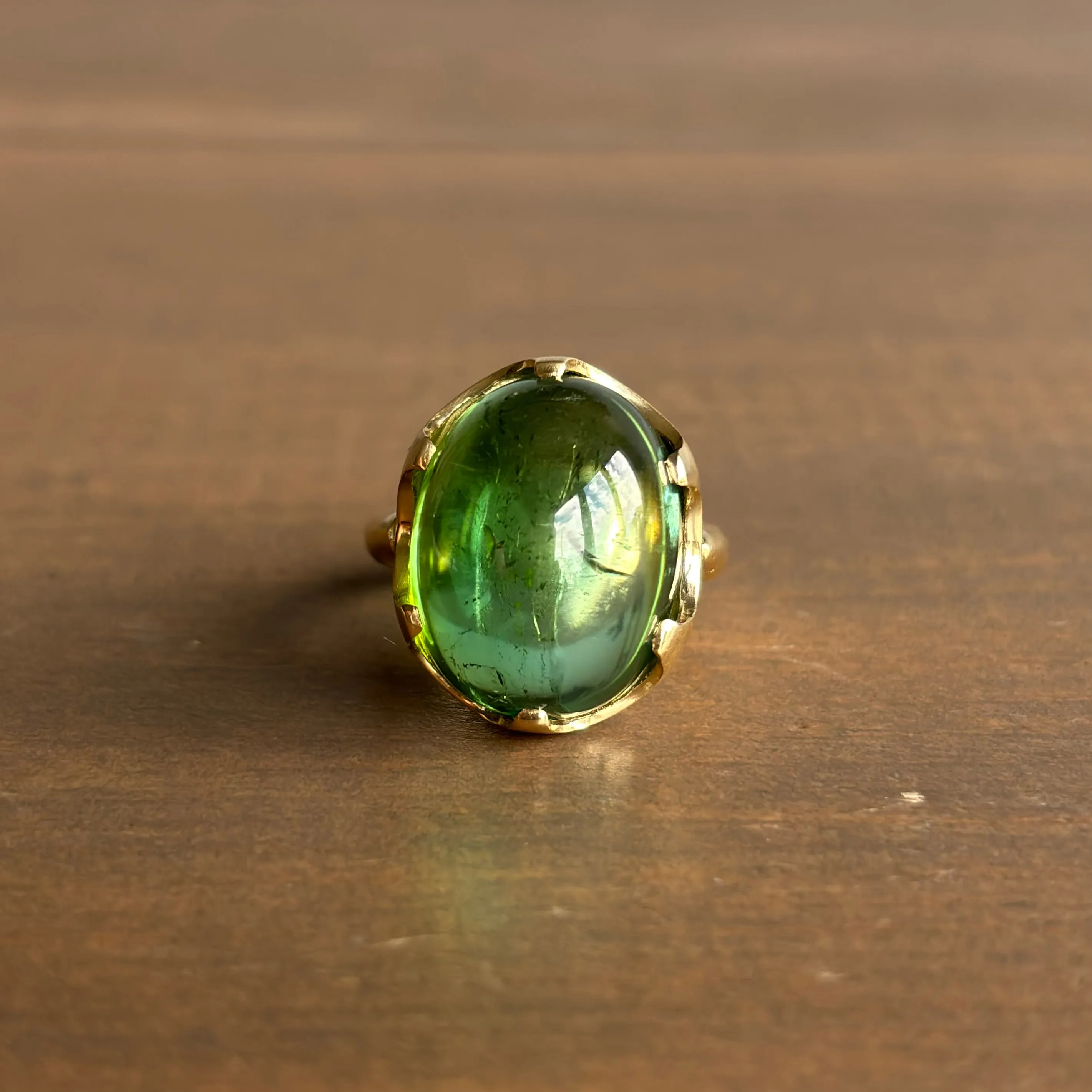 Green Tourmaline Cabochon Queen's Ring