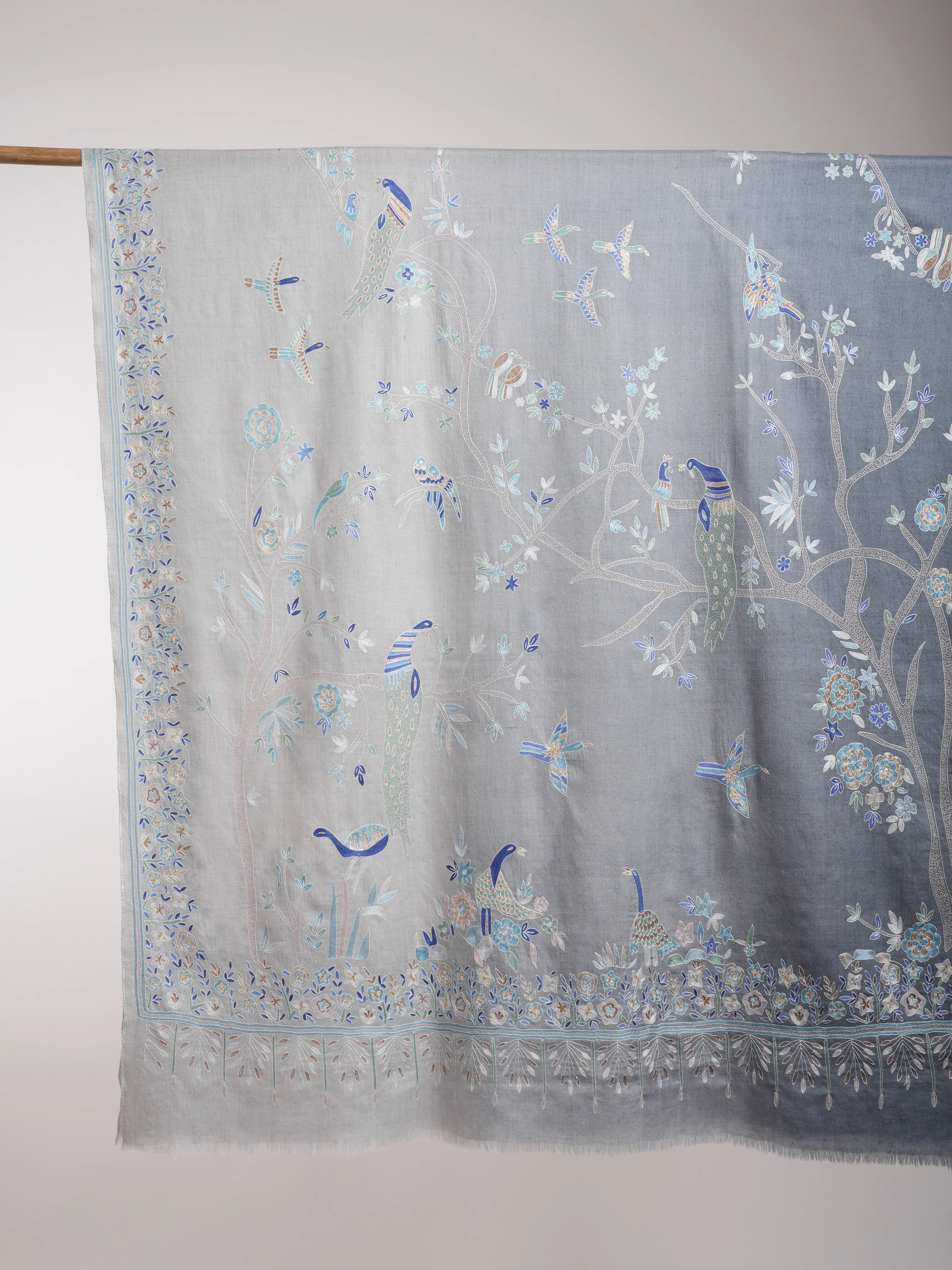 Hand Embroidered Tree of Peacock Pashmina Shawl