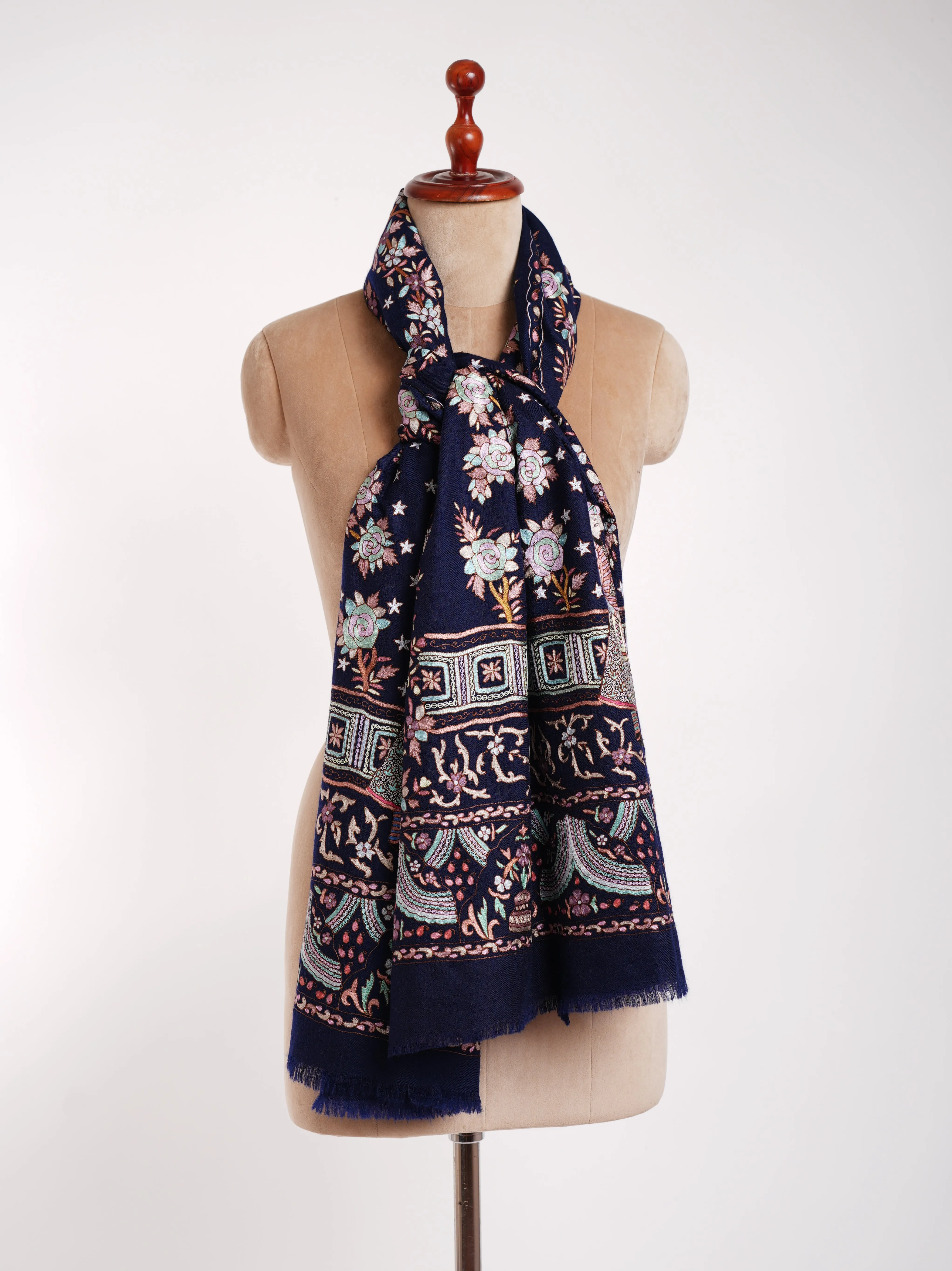 Handmade Hook Embroidery Cashmere Scarf Classic Blue