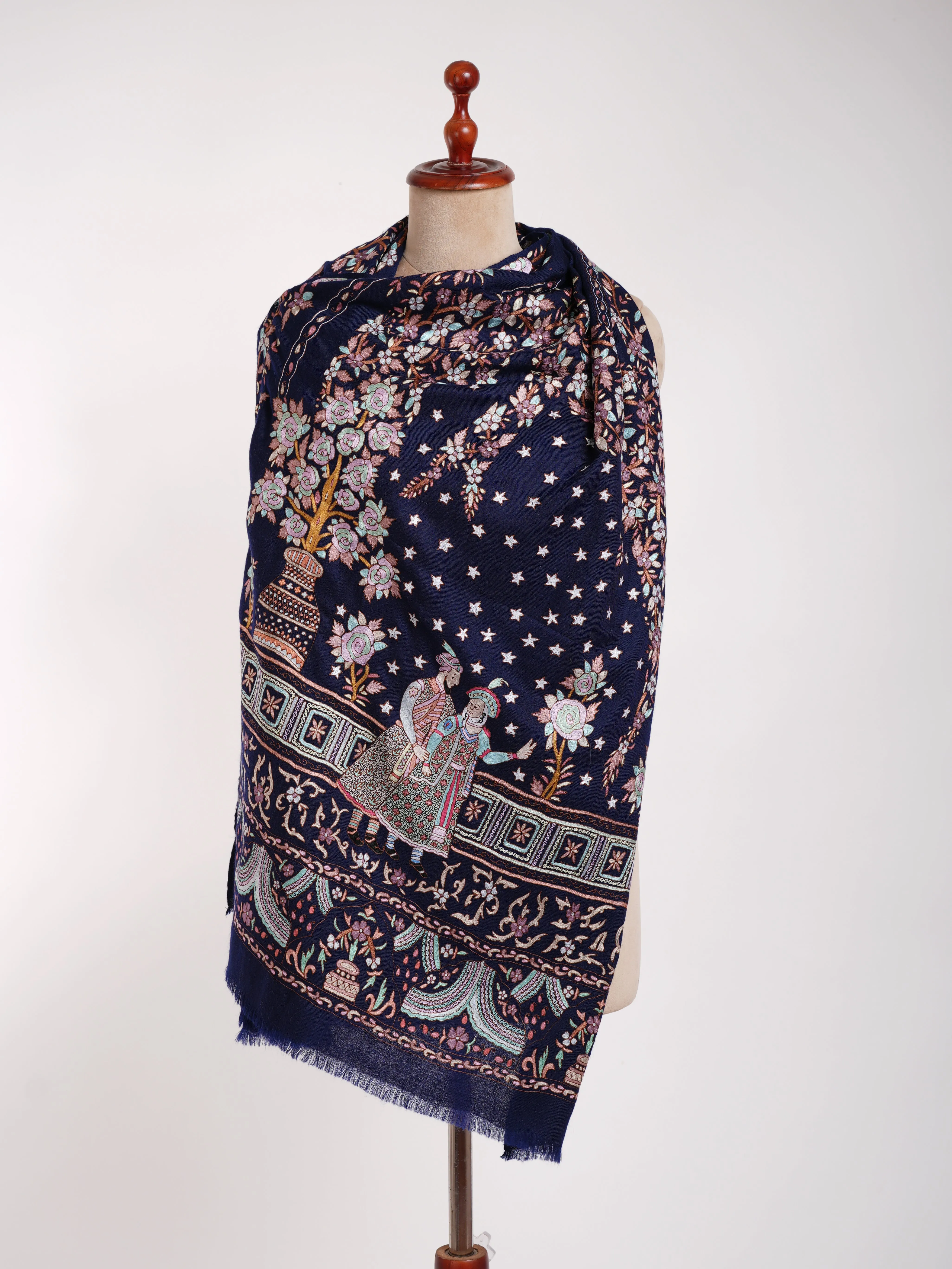 Handmade Hook Embroidery Cashmere Scarf Classic Blue