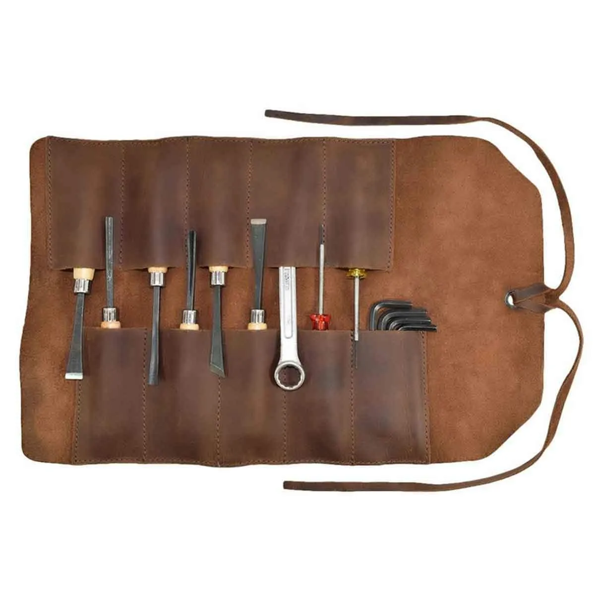 Handmade Roll Up Leather Tool Bag, 10 Slots, Brown