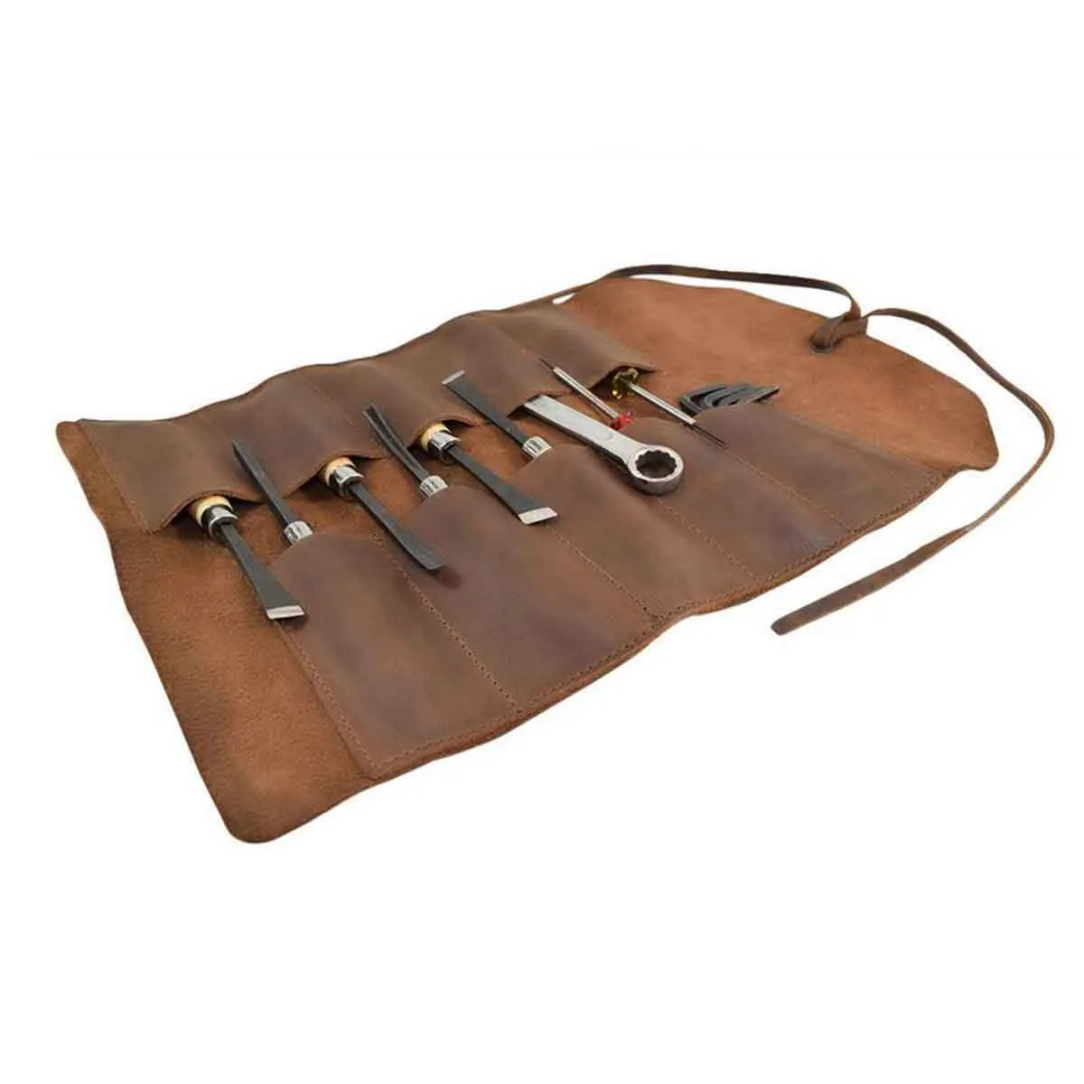 Handmade Roll Up Leather Tool Bag, 10 Slots, Brown