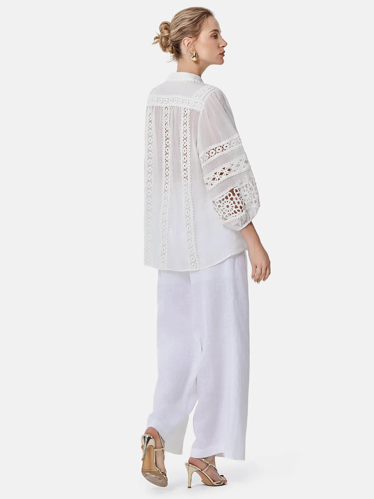 Hollow Embroidered Linen Lantern Sleeve Shirt