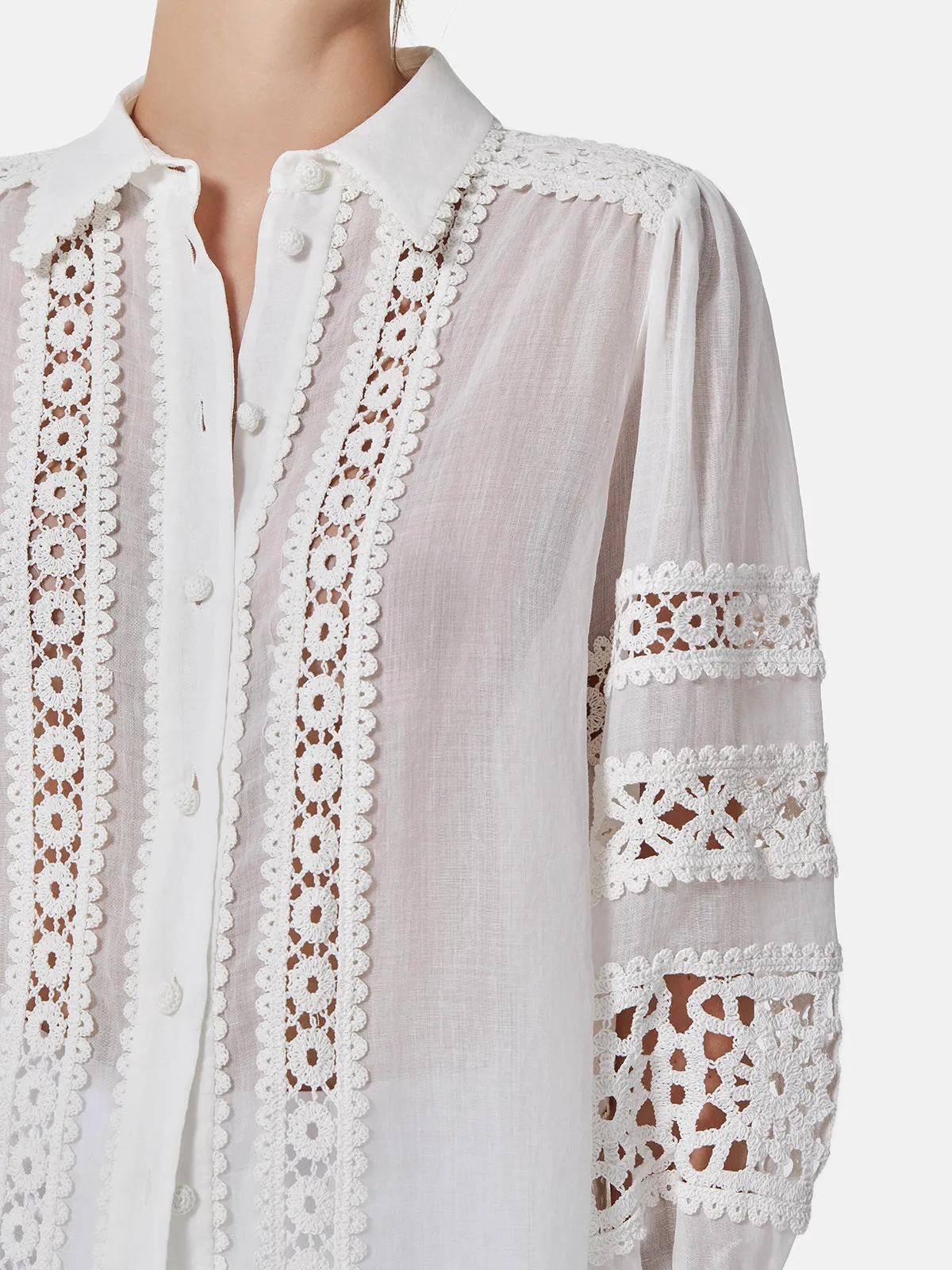 Hollow Embroidered Linen Lantern Sleeve Shirt