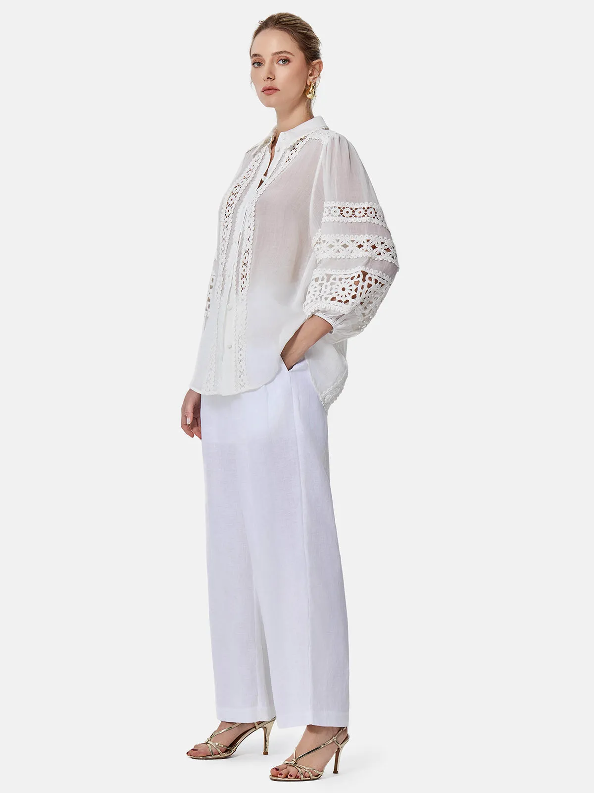 Hollow Embroidered Linen Lantern Sleeve Shirt