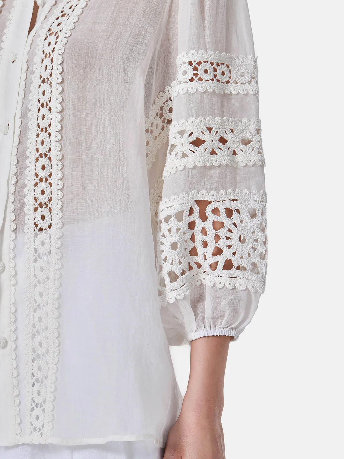 Hollow Embroidered Linen Lantern Sleeve Shirt