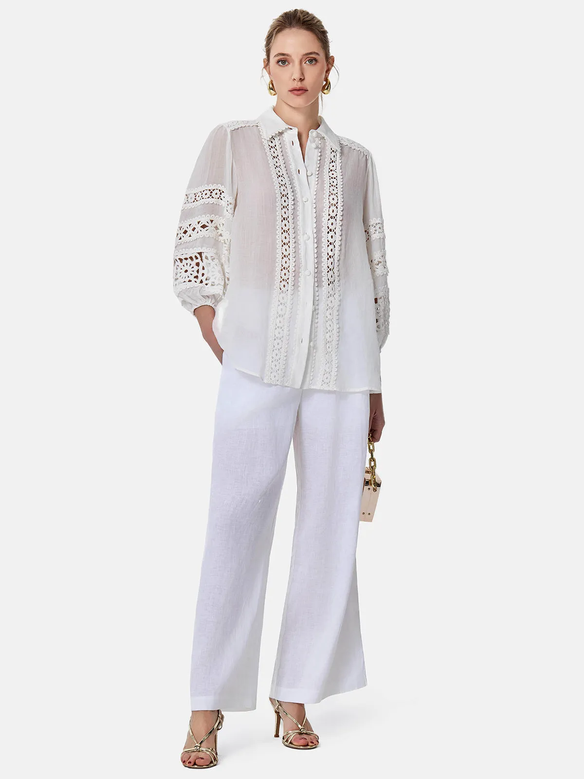 Hollow Embroidered Linen Lantern Sleeve Shirt