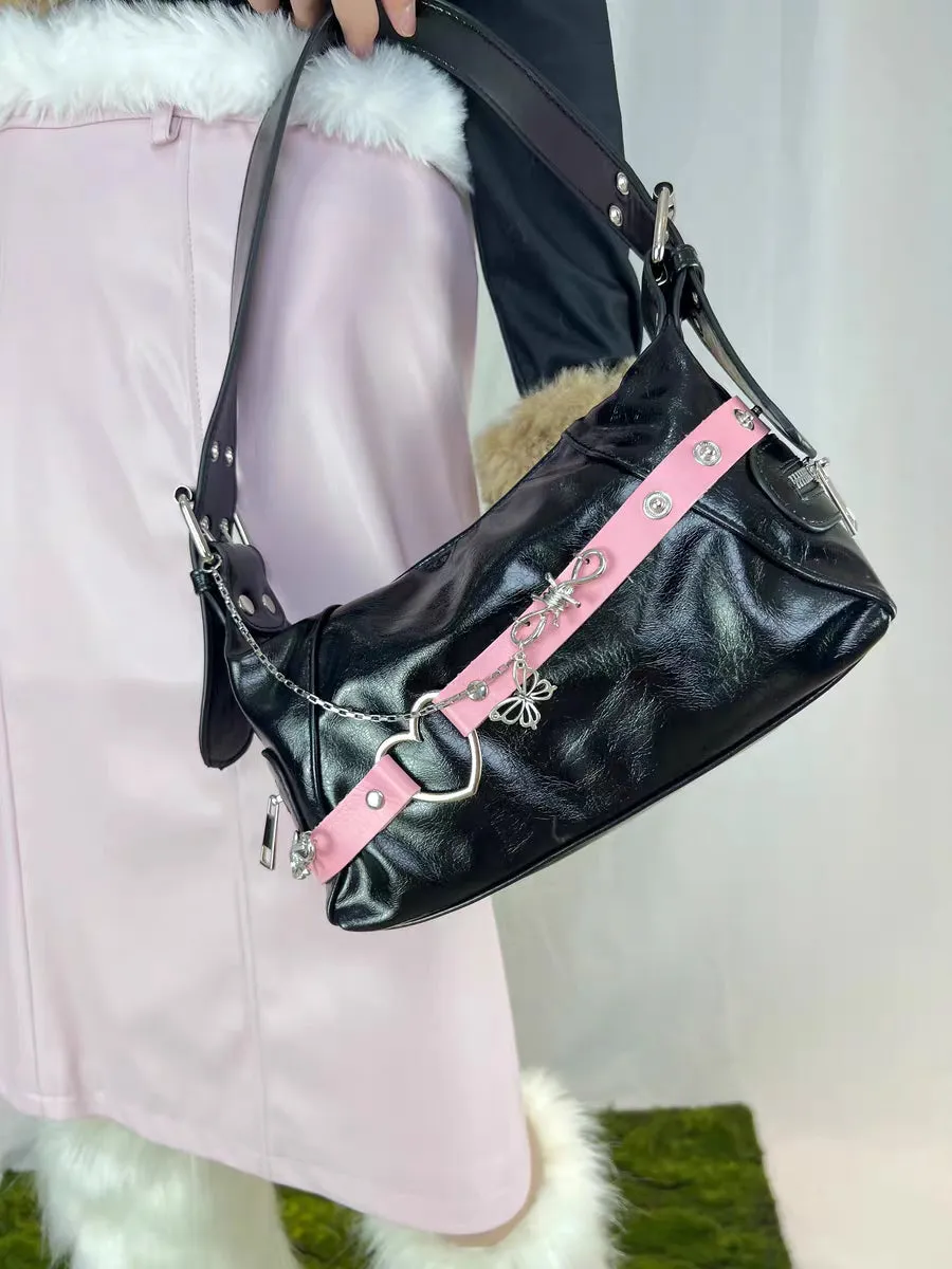 Hot Girl Silver Chain Butterfly Strap Pink Black Leather Messenger Bag