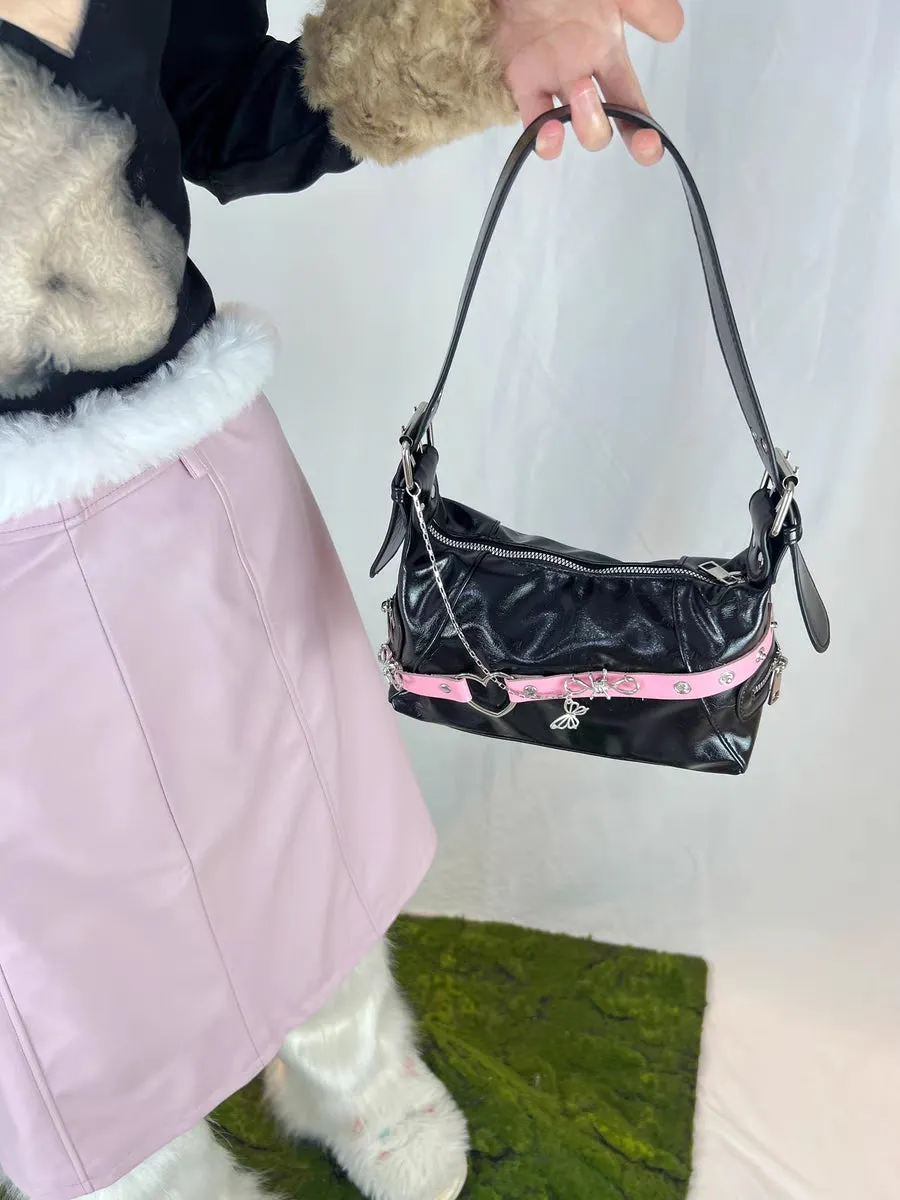 Hot Girl Silver Chain Butterfly Strap Pink Black Leather Messenger Bag