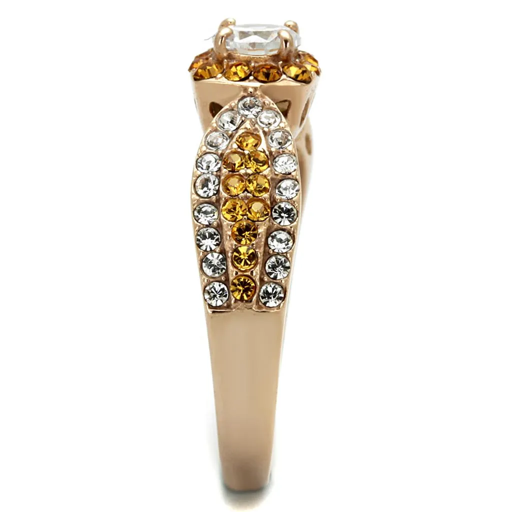 IP Rose Gold(Ion Plating) Stainless Steel Ring with AAA Grade CZ in Clear for Women Style TK2250