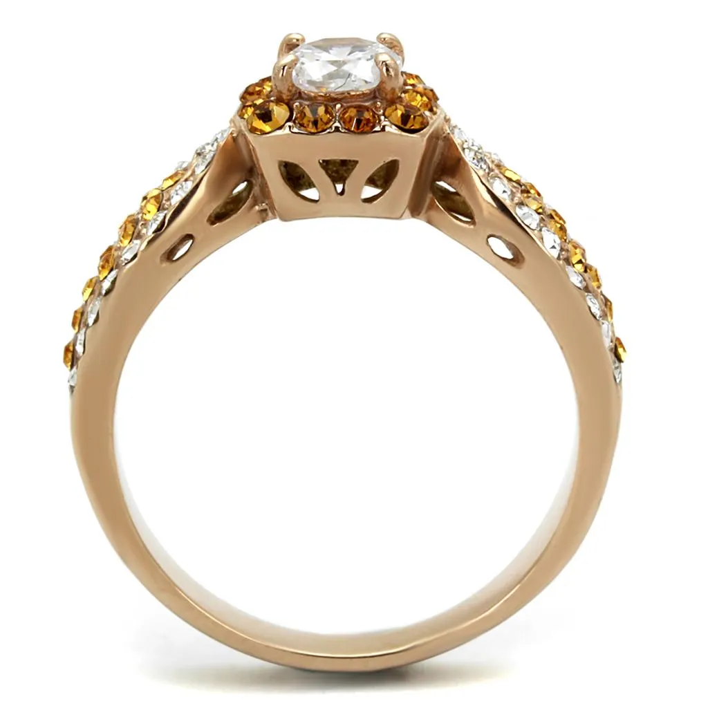 IP Rose Gold(Ion Plating) Stainless Steel Ring with AAA Grade CZ in Clear for Women Style TK2250