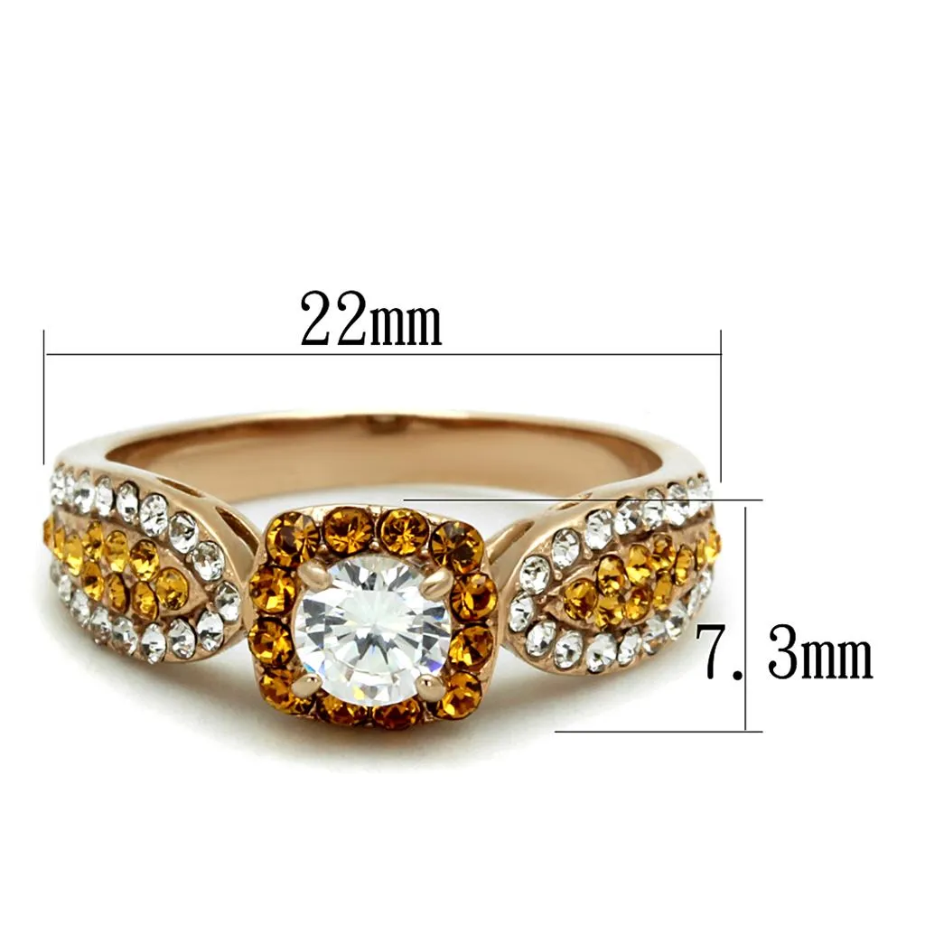 IP Rose Gold(Ion Plating) Stainless Steel Ring with AAA Grade CZ in Clear for Women Style TK2250