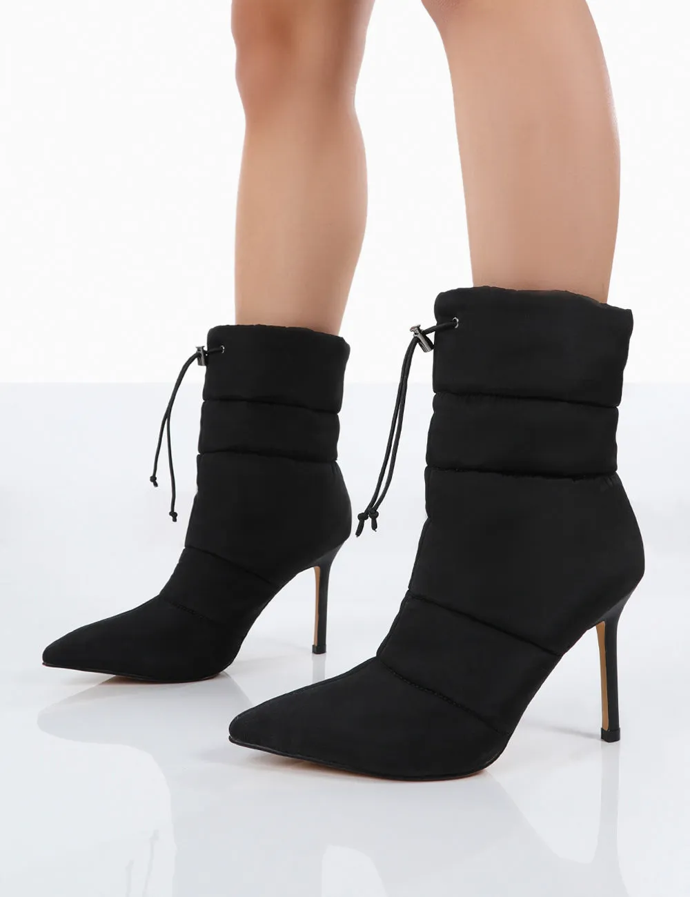 Kenza x Public Desire Reset Black Nylon Stiletto Padded Heeled Ankle Boots