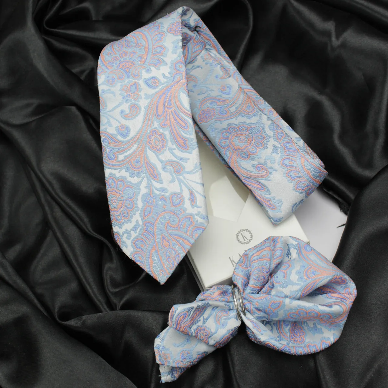 Kovove Elegant Blue Floral Necktie and Pocket Square Gift Box