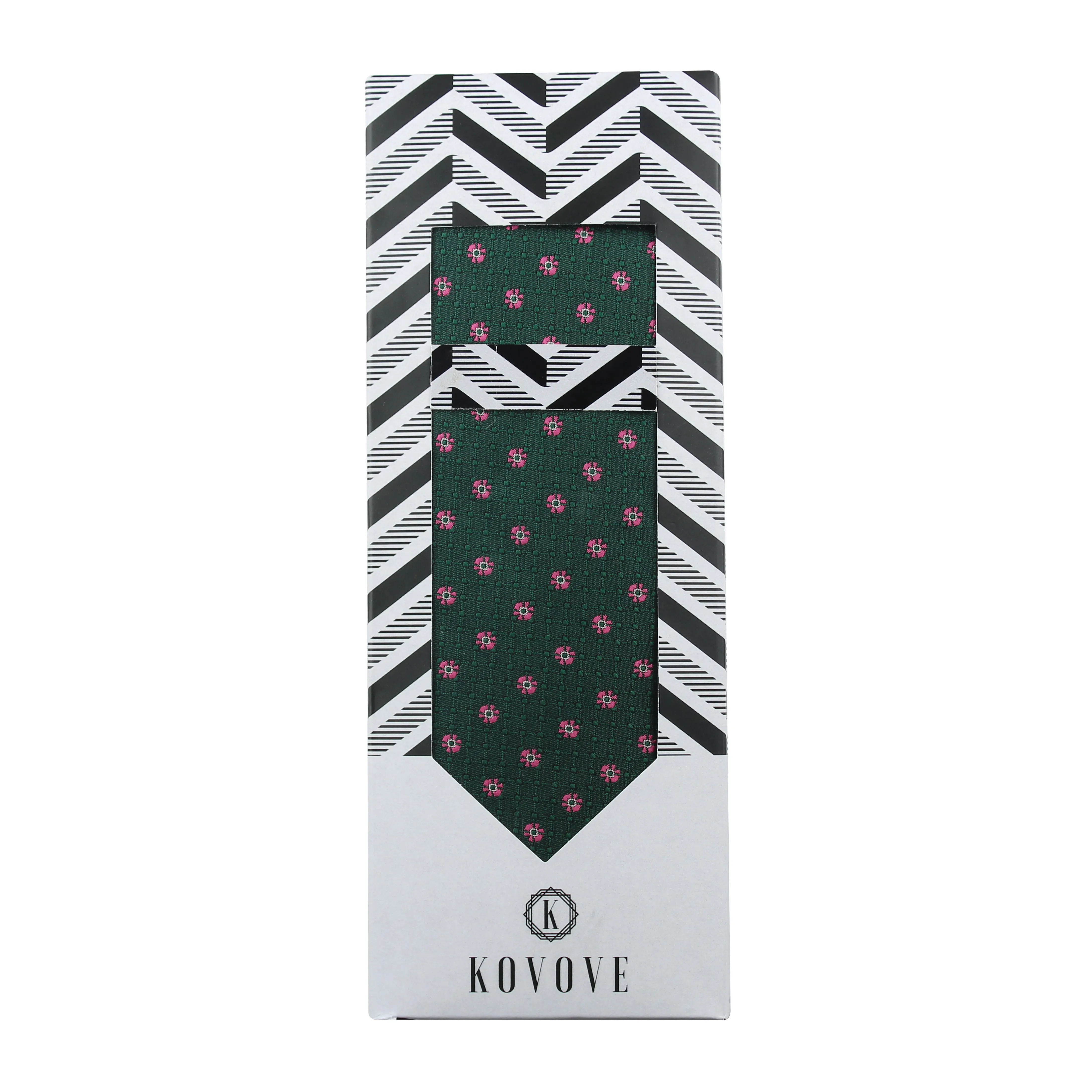 Kovove Elegant Green Floral Necktie and Pocket Square Gift Box