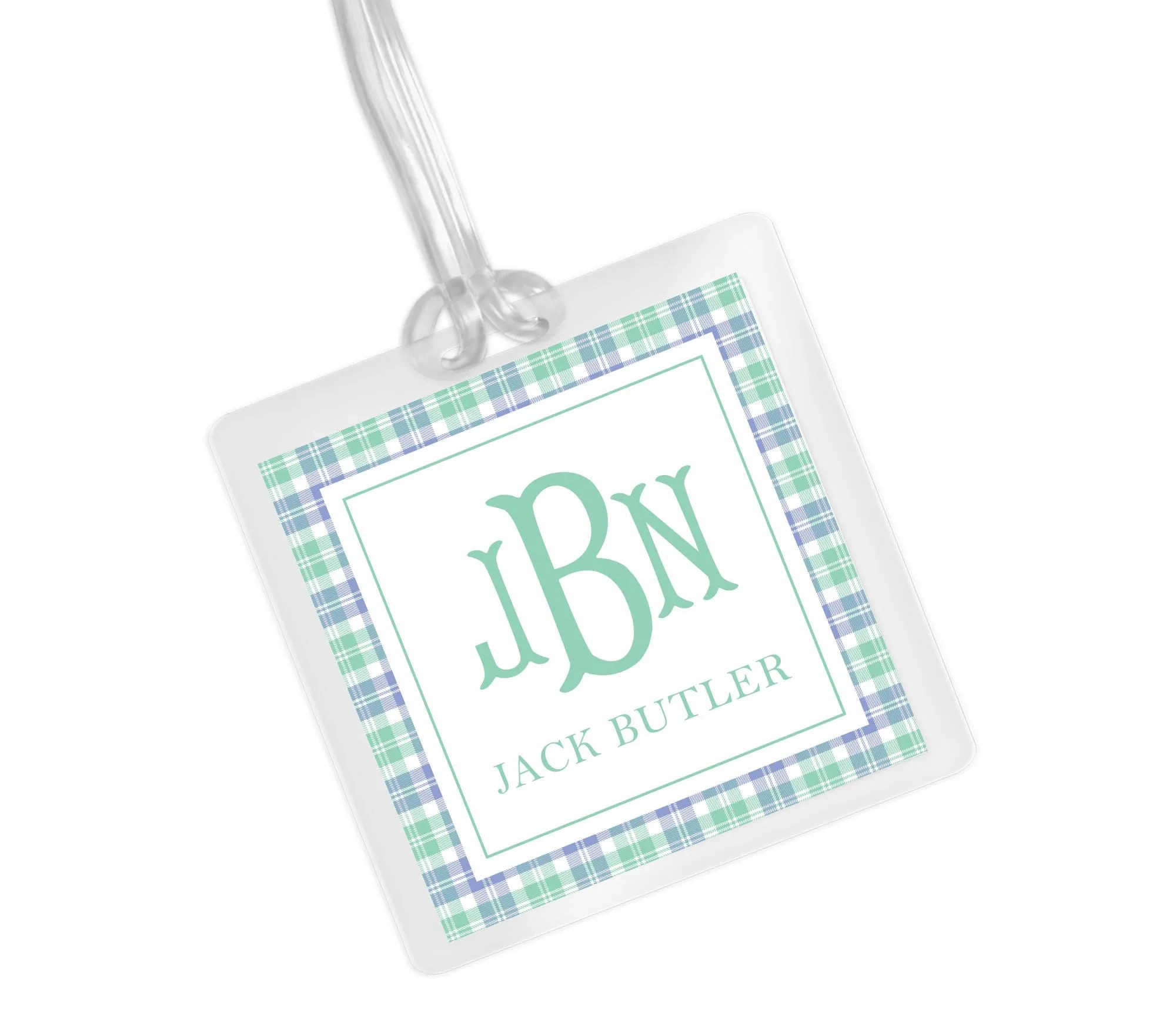 Laminated Bag Tag - Blue & Green Plaid Monogram