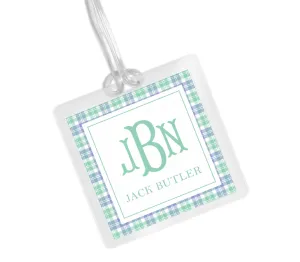 Laminated Bag Tag - Blue & Green Plaid Monogram