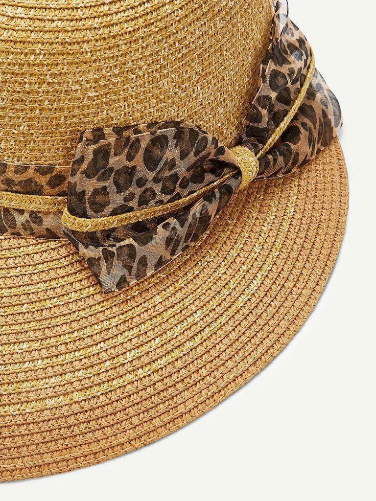 Leopard Bow Decorated Straw Hat