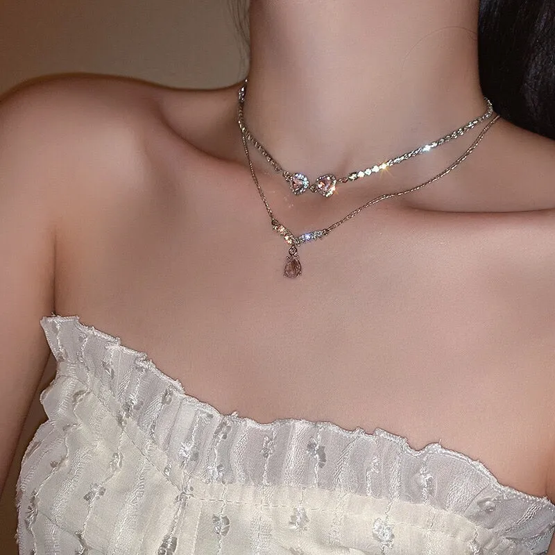 Luxury Pretty Girl Love Heart Crystal Double Chain Necklace