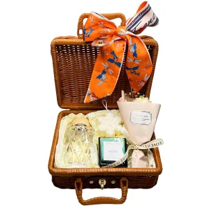 Luxury Suitcase Gift Basket with Jar Candle, Crystal Reed Diffuser, Soap Flowers & Snowflake Candle