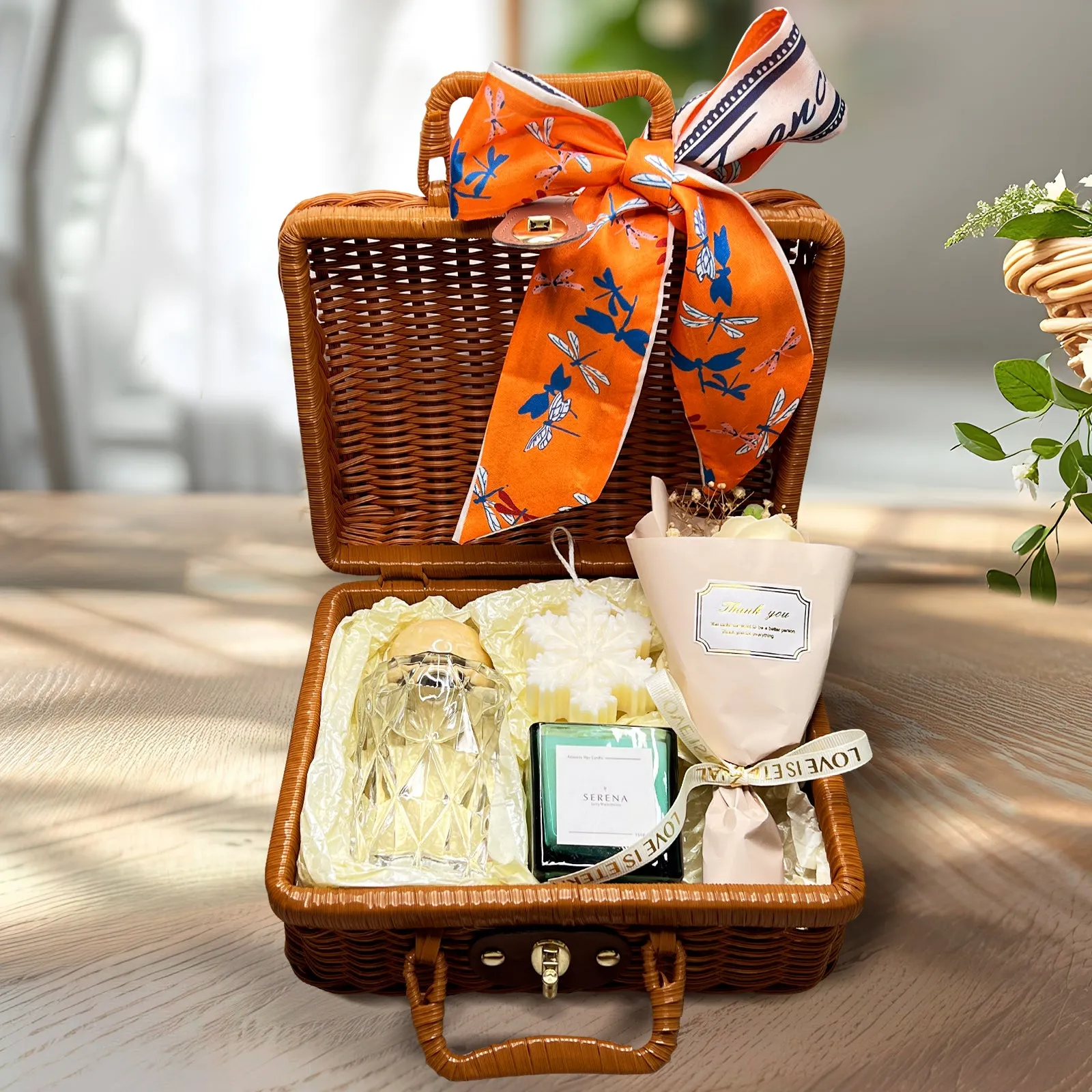 Luxury Suitcase Gift Basket with Jar Candle, Crystal Reed Diffuser, Soap Flowers & Snowflake Candle