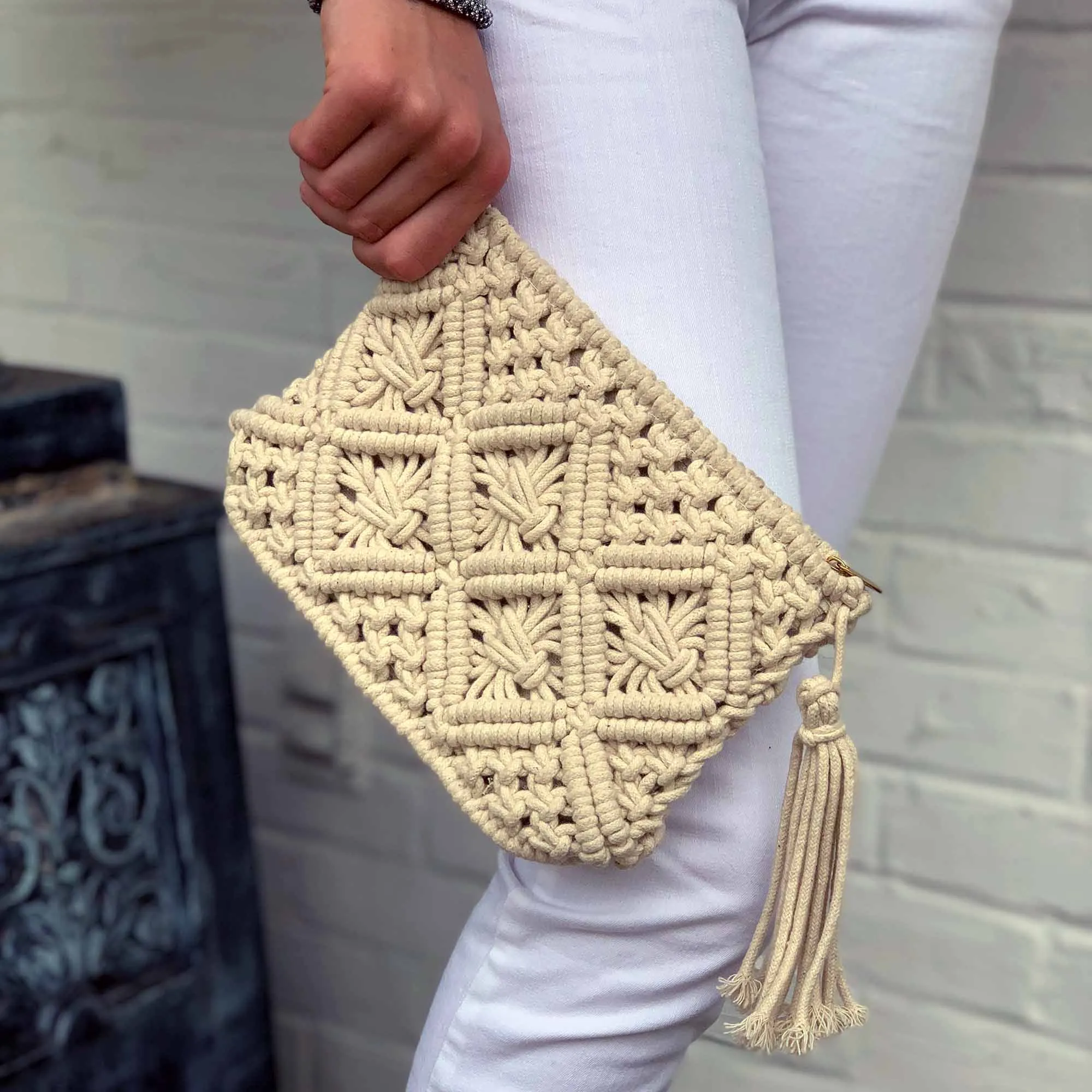 Macrame Clutch with Tassel Cream