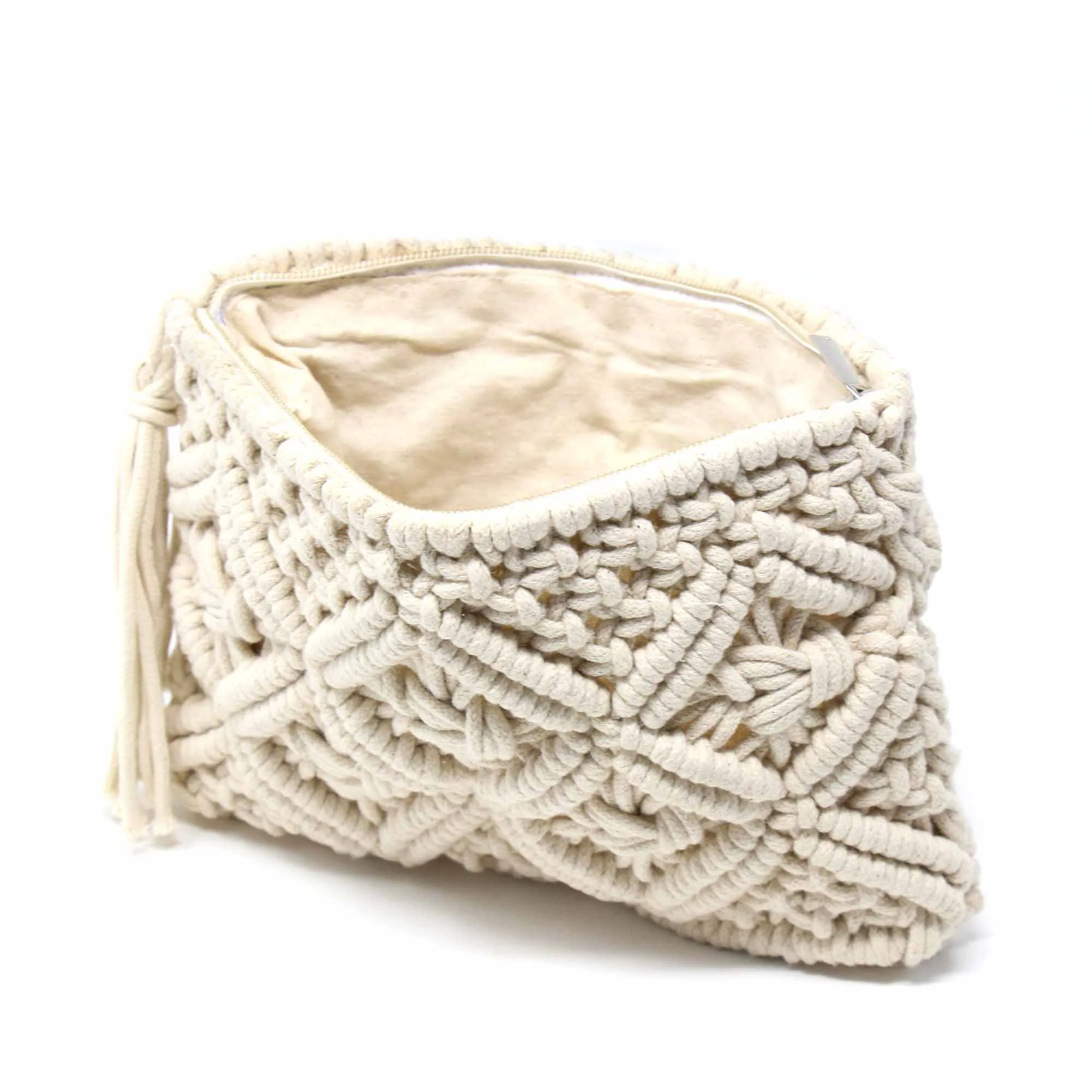 Macrame Clutch with Tassel Cream