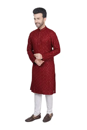 Maroon embroidered mens kurta