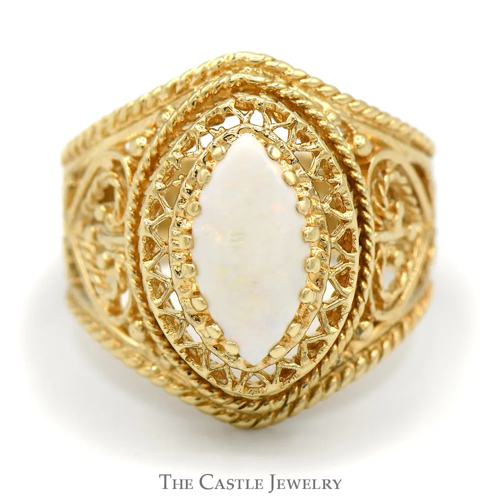 Marquise Cut Opal Dome Ring with Filigree Sides in 10k Yellow Gold