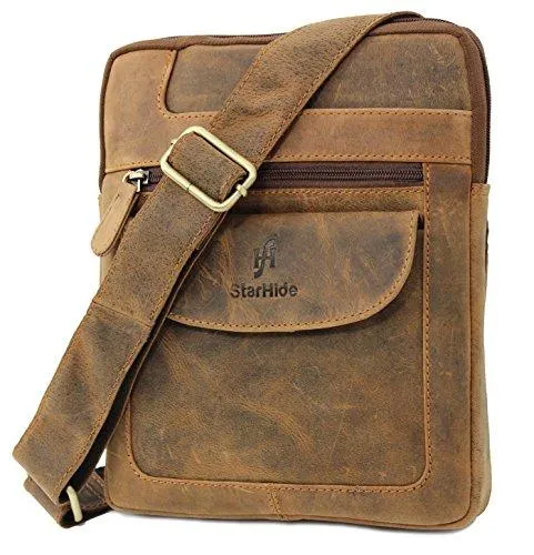 Mens Womens Distressed Hunter Genuine Leather Travel Messenger Bag For Ipad Tablet 505 (Brown)