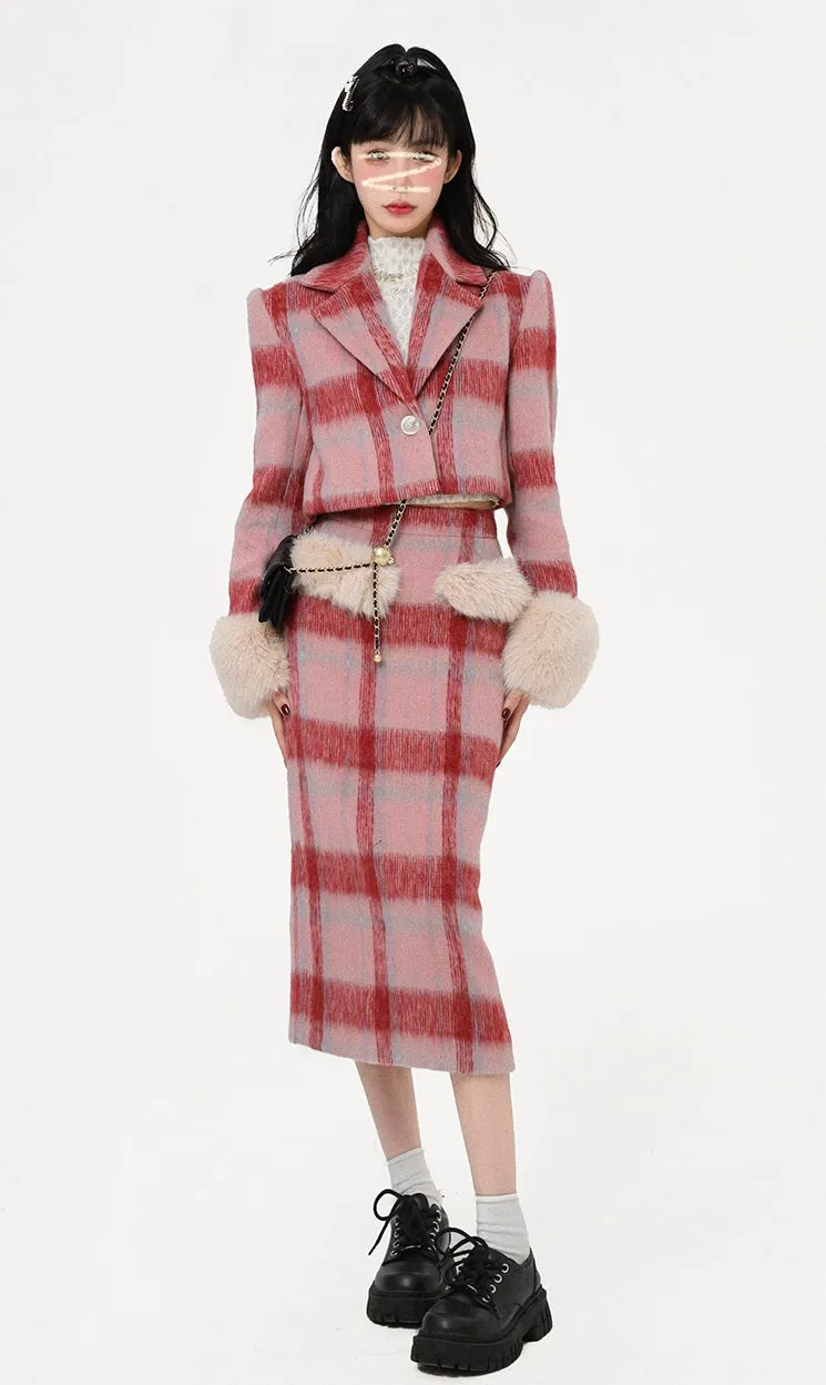 Monet Winter Hot Pink & Black Beige Plaid Jacket Skirt Two Piece Set