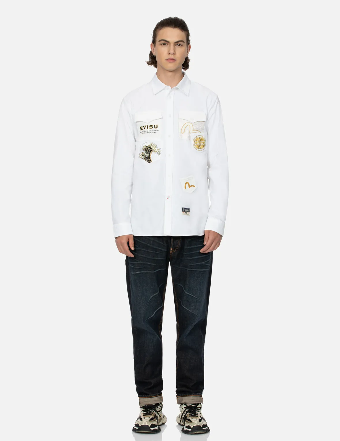 Multi-Pocket and Logo Patch Embroidered Relax Fit Shirt