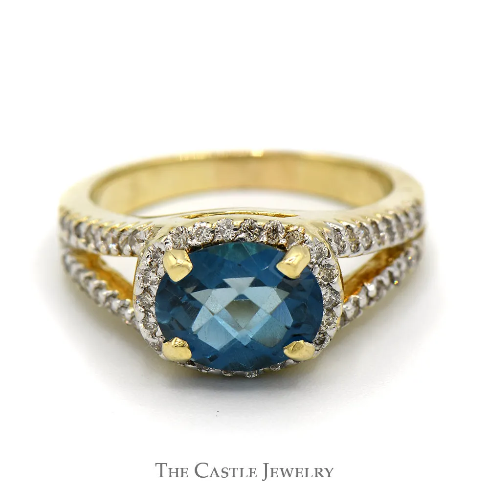 Oval Fantasy Cut Blue Topaz Ring with Diamond Accents in 14k Yellow Gold Split Shank Setting