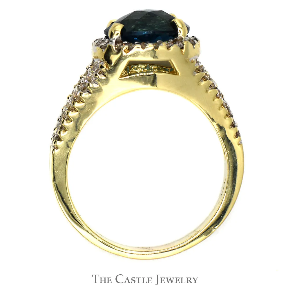 Oval Fantasy Cut Blue Topaz Ring with Diamond Accents in 14k Yellow Gold Split Shank Setting