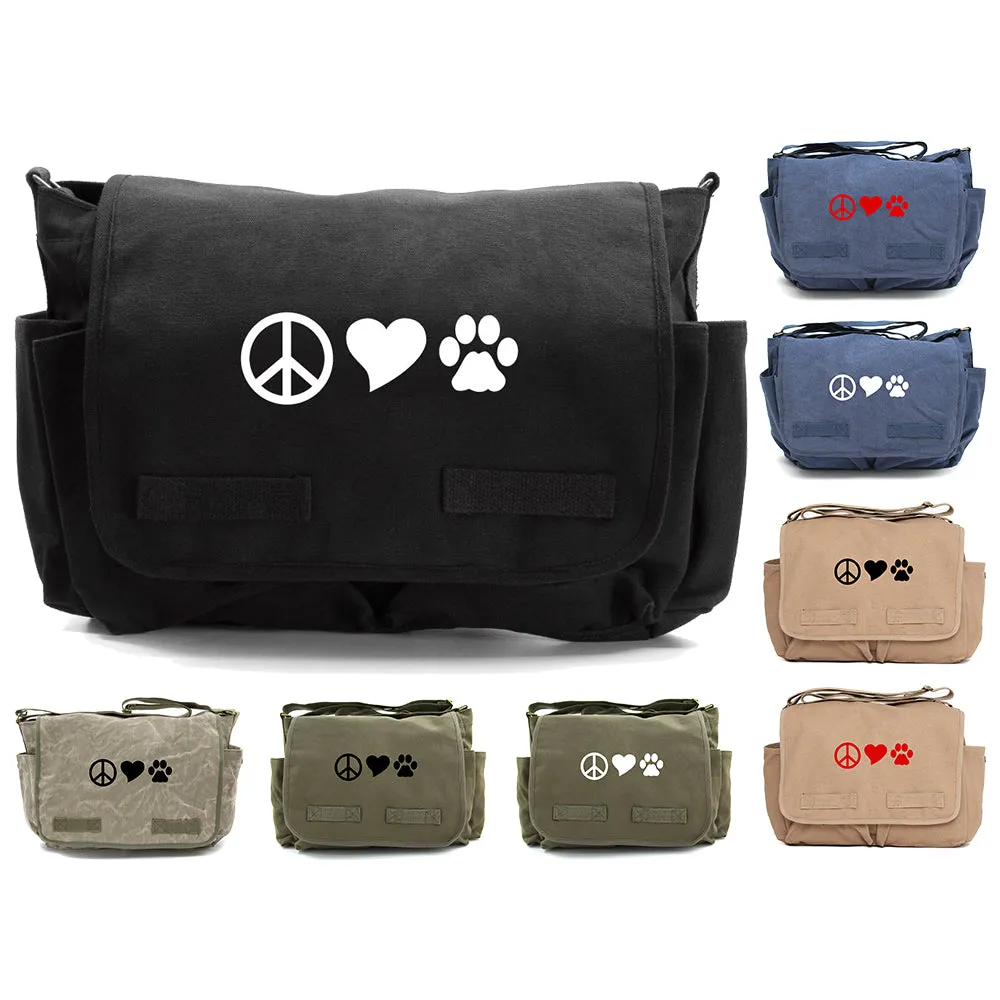 Peace Sign Heart Dog Paw Print Army Canvas Messenger/Diaper Shoulder Bag