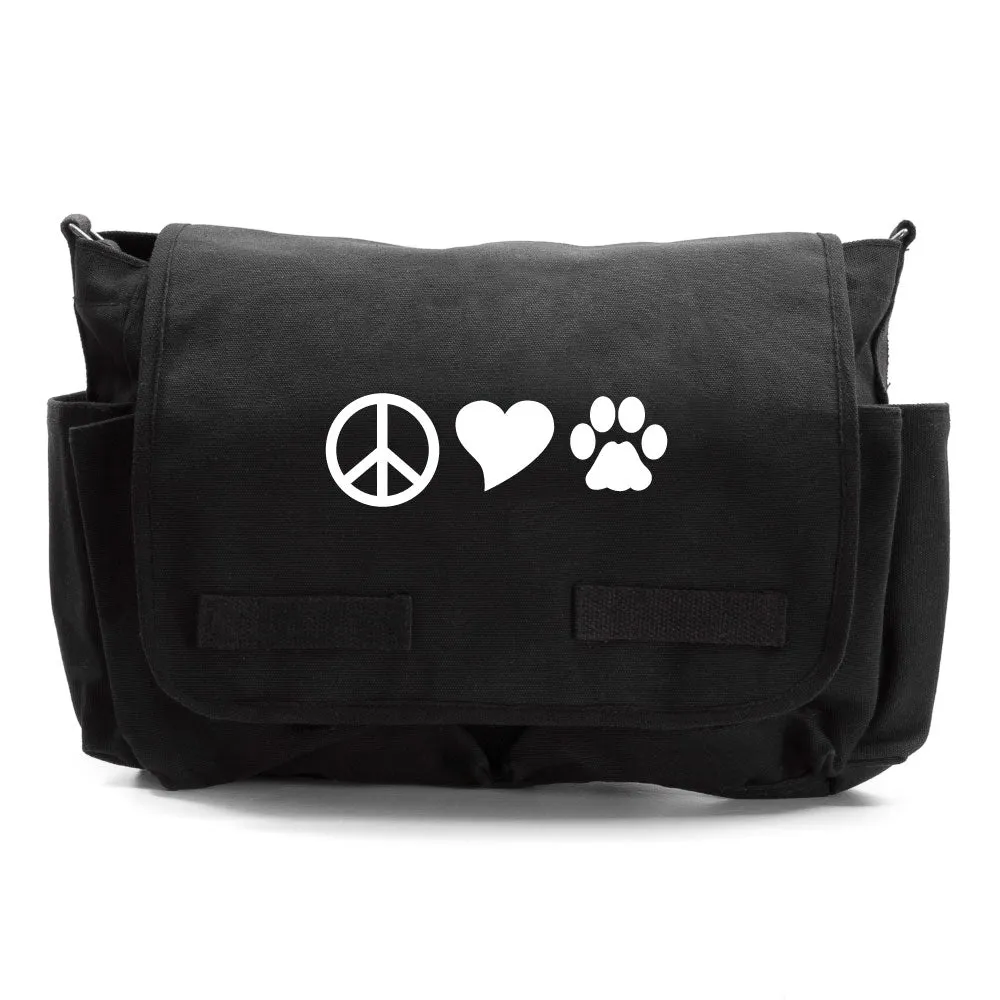 Peace Sign Heart Dog Paw Print Army Canvas Messenger/Diaper Shoulder Bag