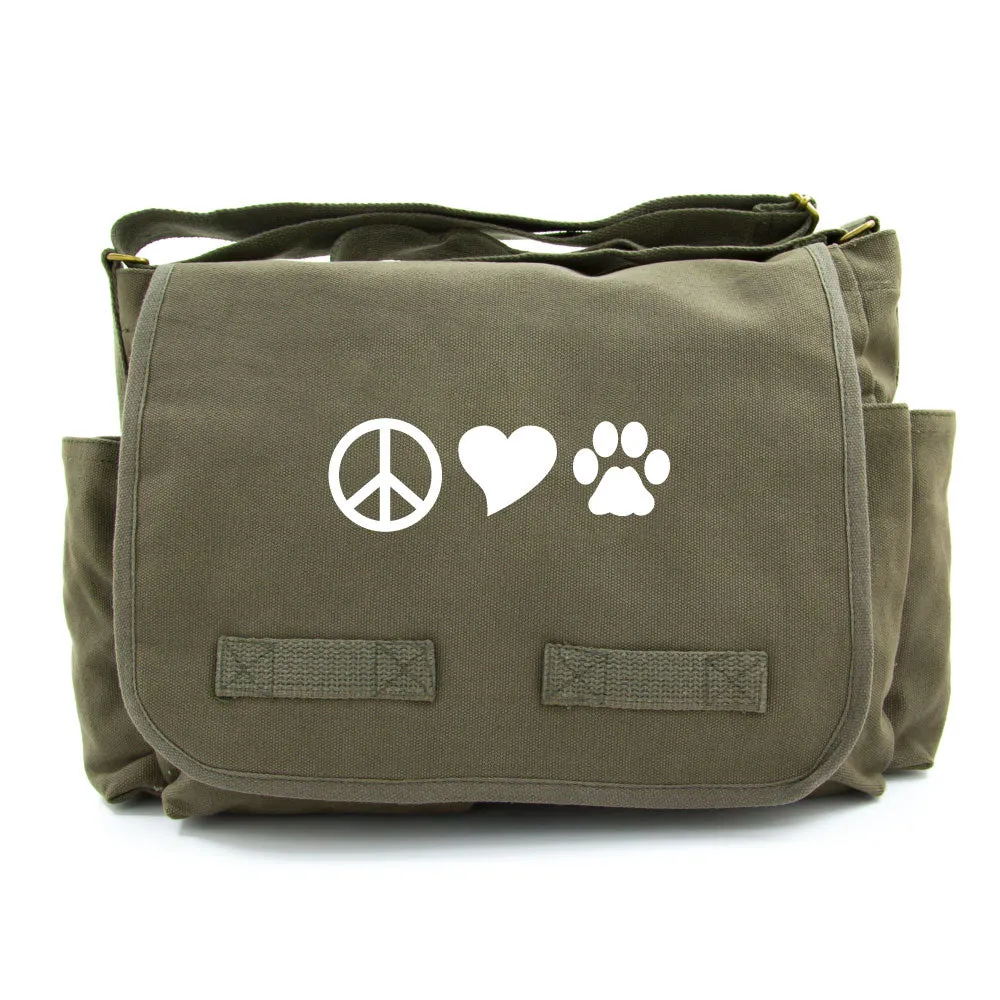 Peace Sign Heart Dog Paw Print Army Canvas Messenger/Diaper Shoulder Bag