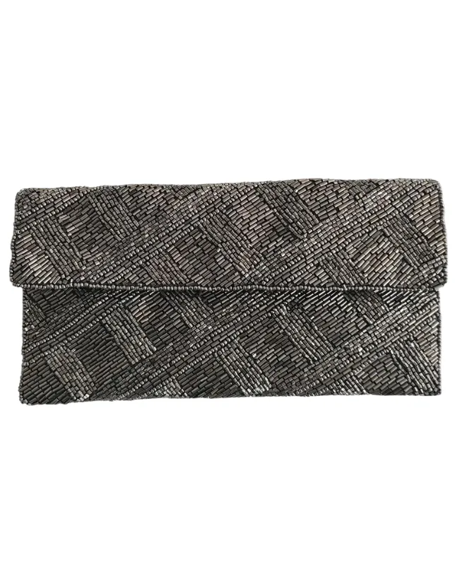 Pewter Criss Cross Beaded Clutch