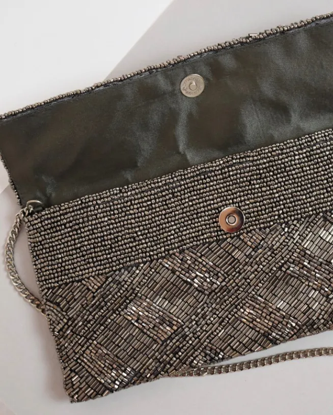 Pewter Criss Cross Beaded Clutch