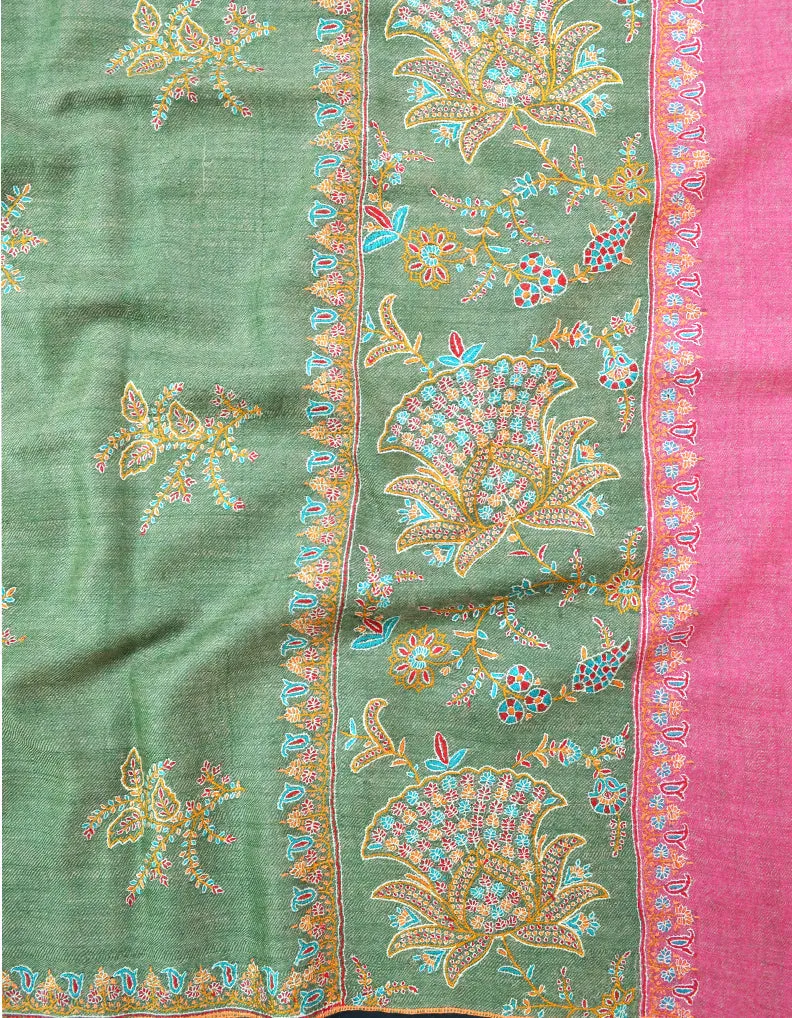 Pink and Green Embroidery Pashmina Shawl 7311