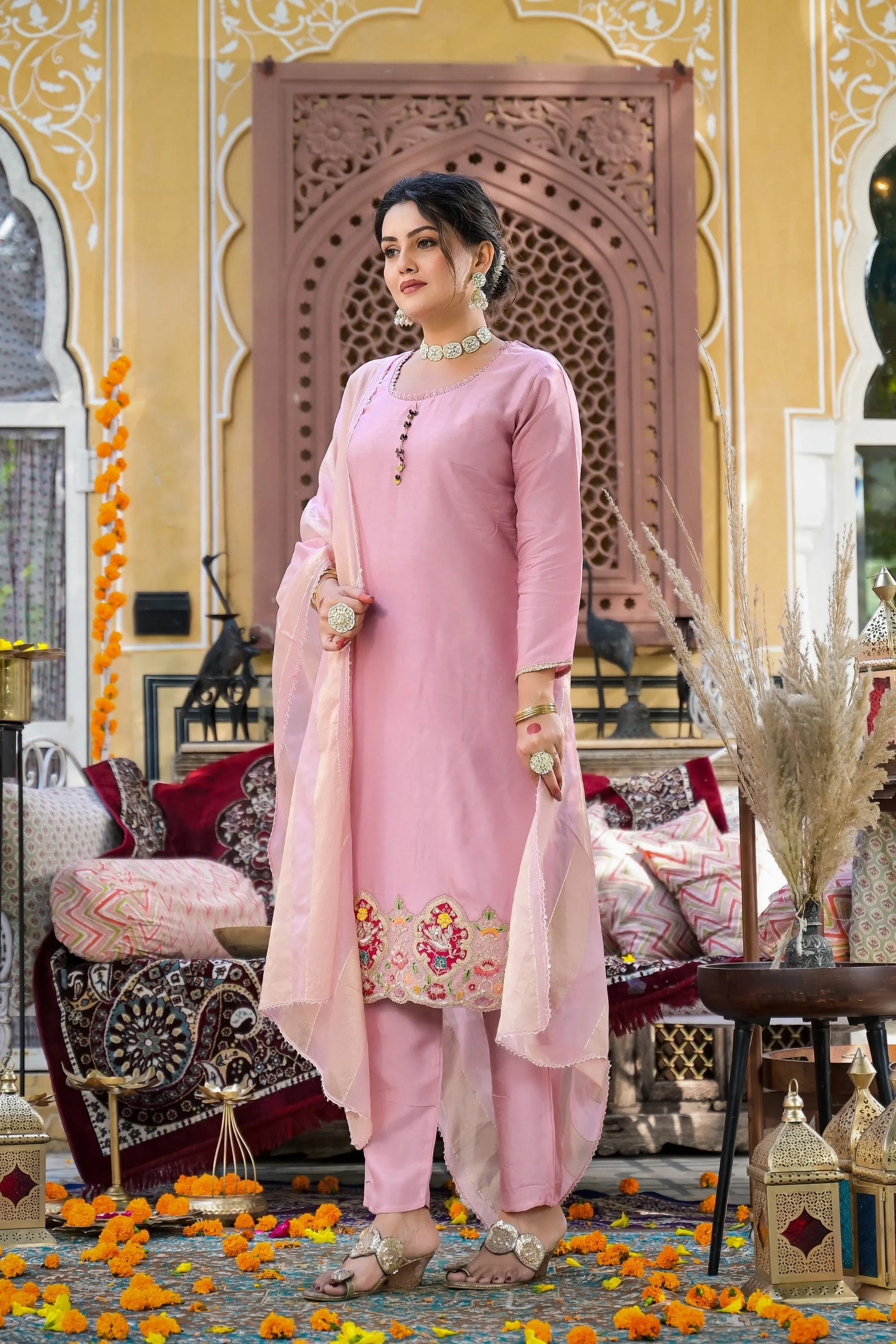 Pink Embroidered Raw Silk Pants Set