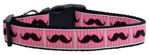 Pink Striped Moustache Nylon Dog Collar Xs