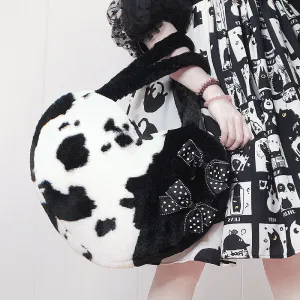 Plush Cow Pattern Bow Black White Heart Love Shape Messenger Handbag Bag