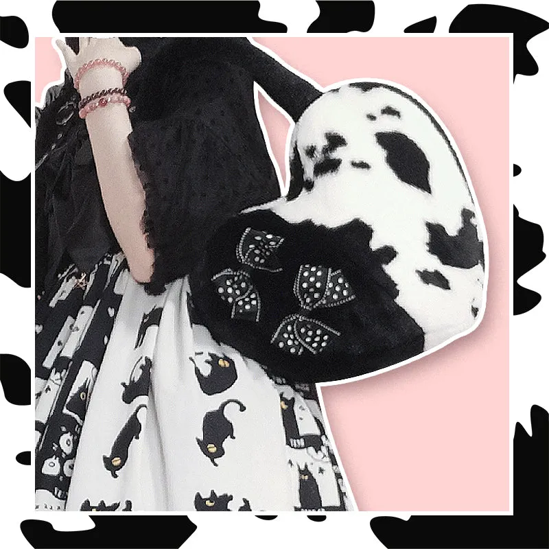 Plush Cow Pattern Bow Black White Heart Love Shape Messenger Handbag Bag