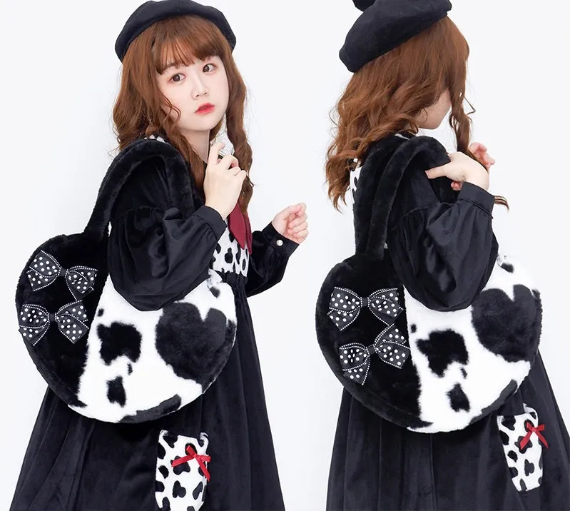 Plush Cow Pattern Bow Black White Heart Love Shape Messenger Handbag Bag