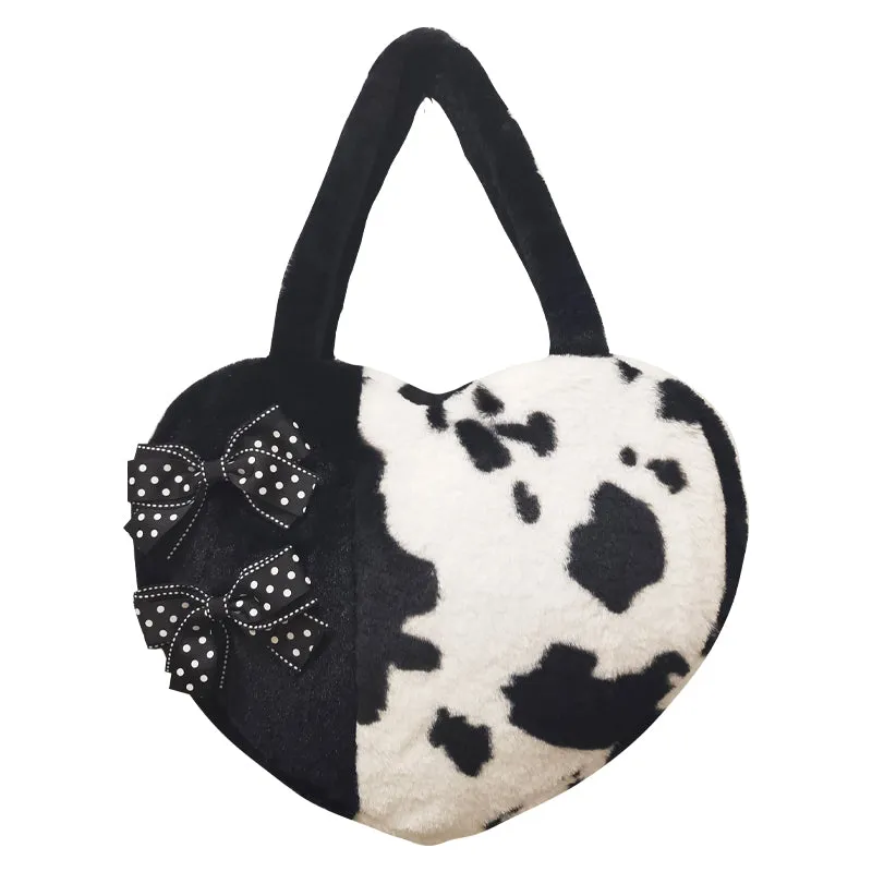 Plush Cow Pattern Bow Black White Heart Love Shape Messenger Handbag Bag