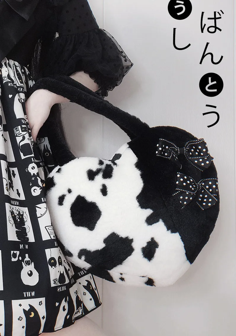 Plush Cow Pattern Bow Black White Heart Love Shape Messenger Handbag Bag