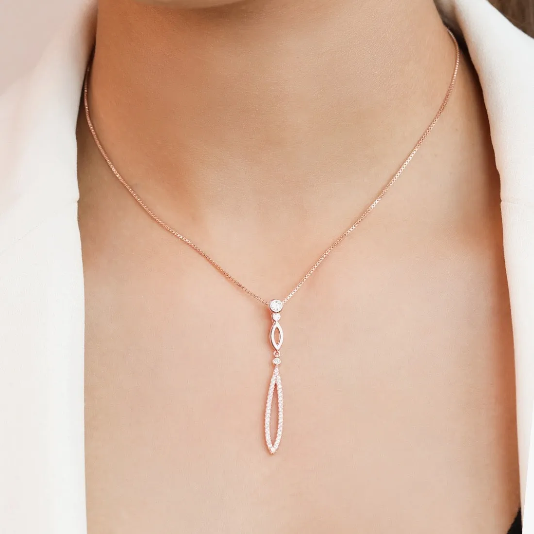 Radiant Rose Gold Drop Pendant with Chain Elegance in Sterling Silver