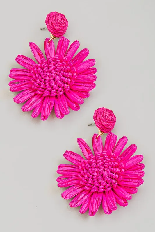 Raffia Flower Charm Dangle Earrings